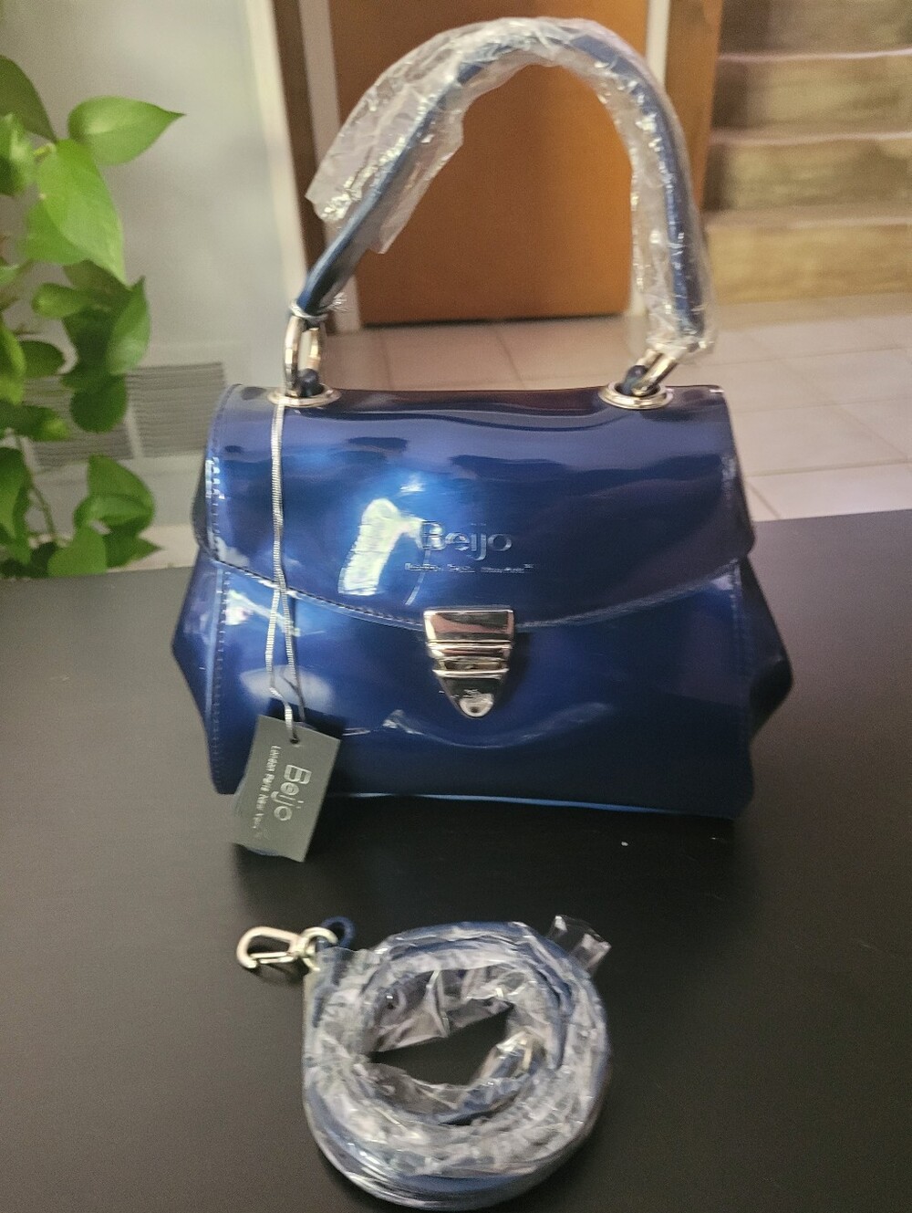 Beijo Midnight Electric Blue Patent Leather Top-Handle Bag With Detachable Strap